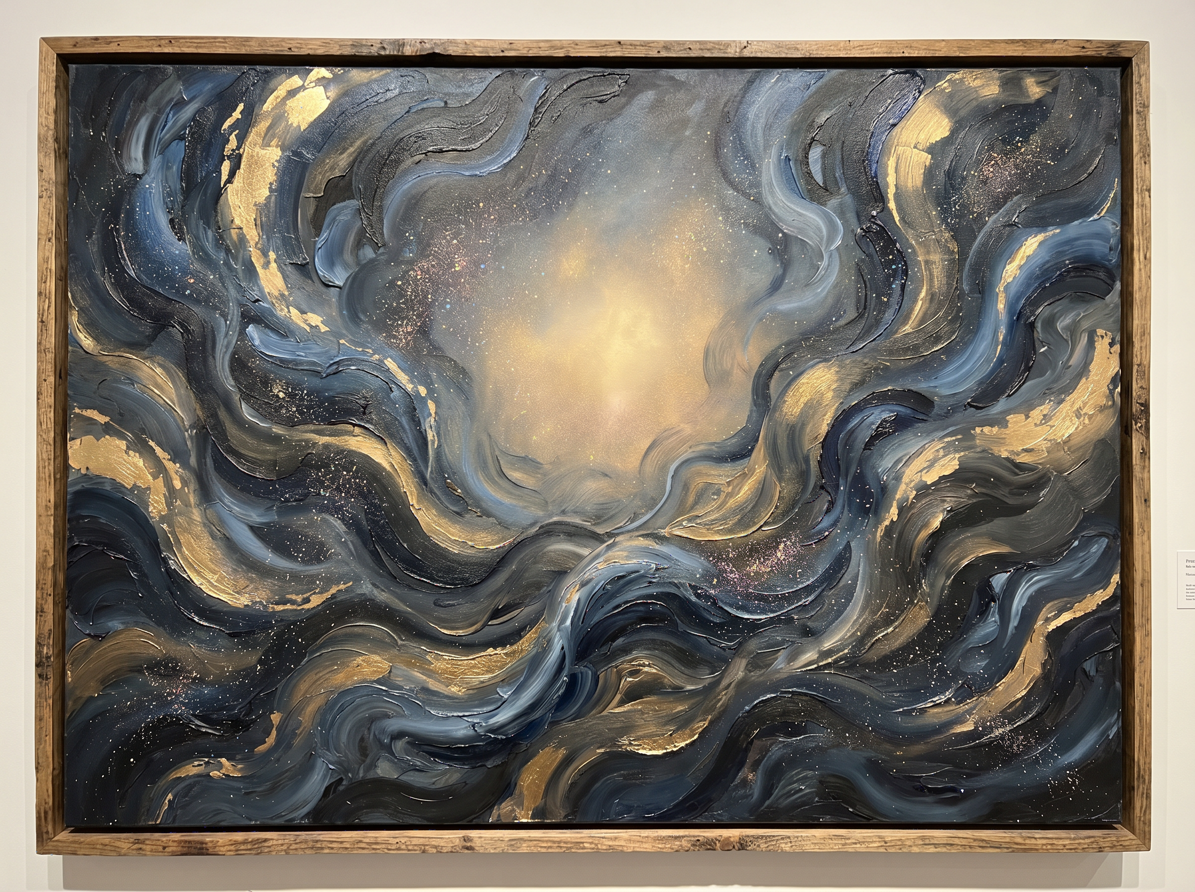 An abstract painterly composition in indigo and gold