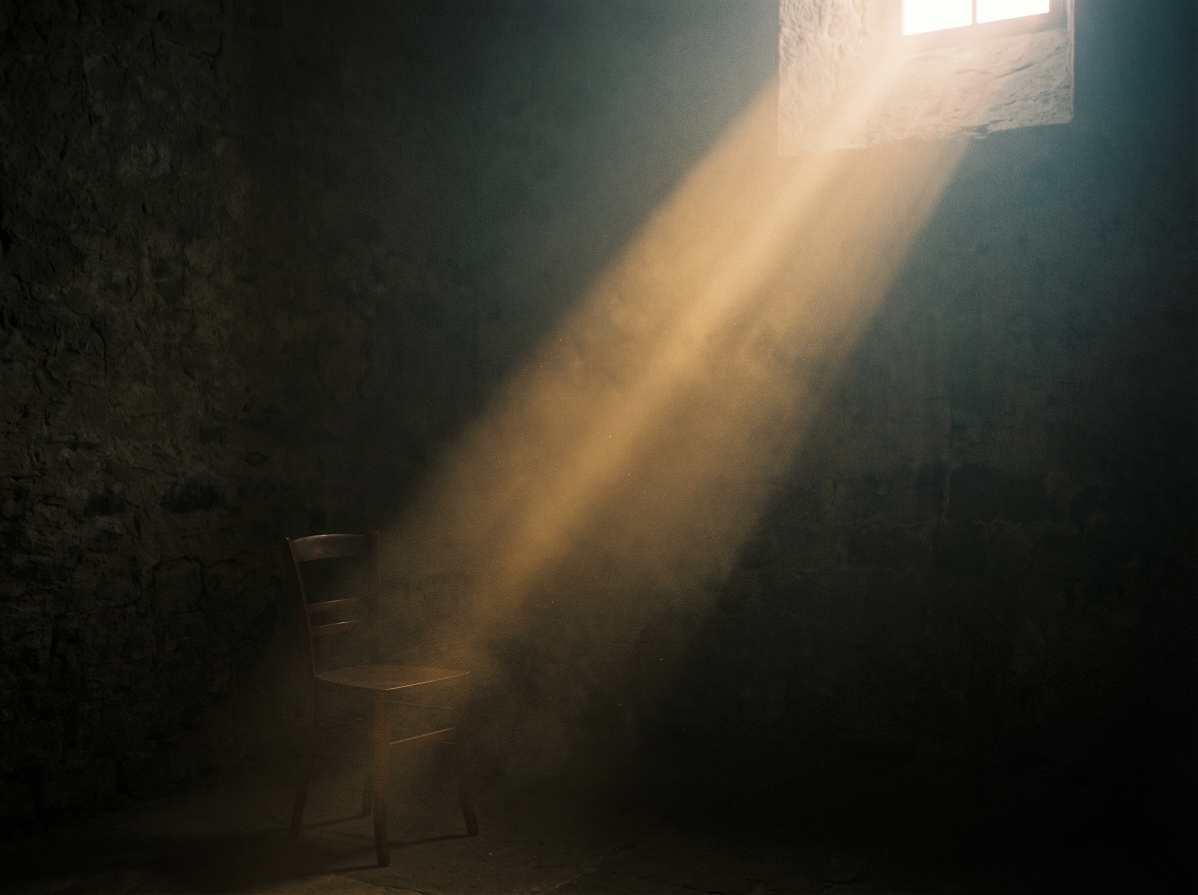 A single shaft of warm light falling into a dark stone room