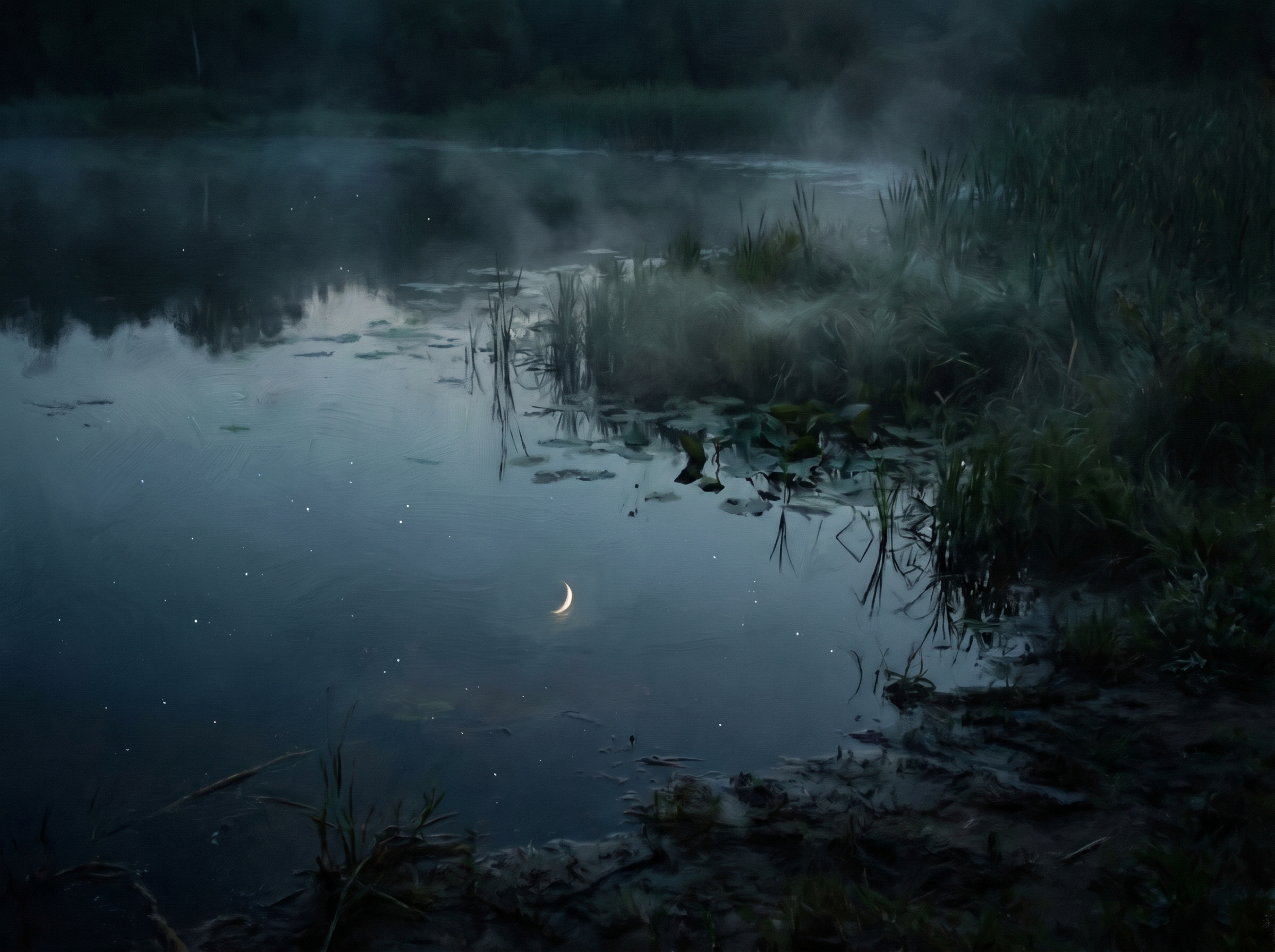 A still dark pond at night reflecting a crescent moon and stars