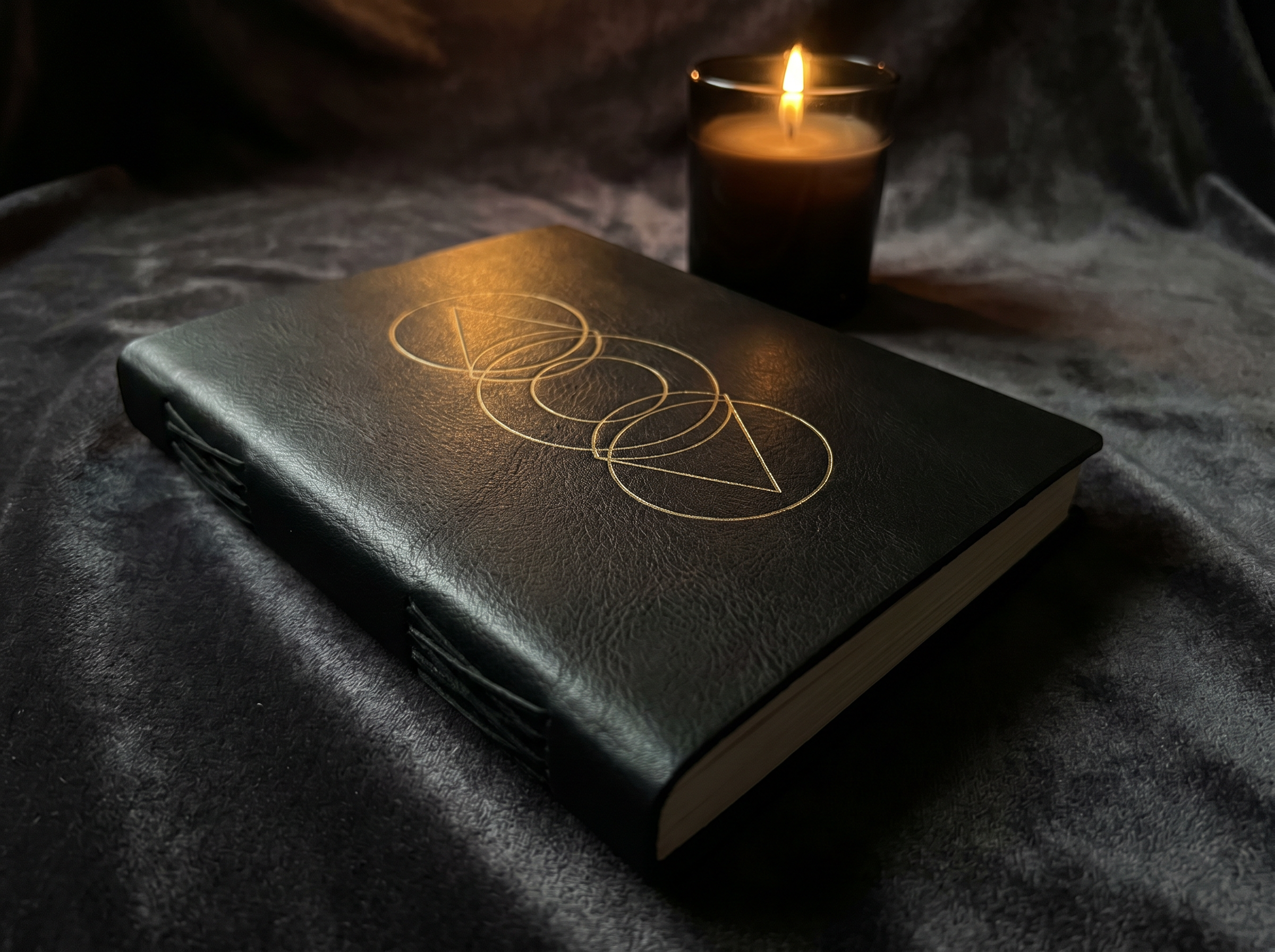 The Inner Clarity Journal, matte black with gold sacred geometry, resting on dark velvet beside a candle